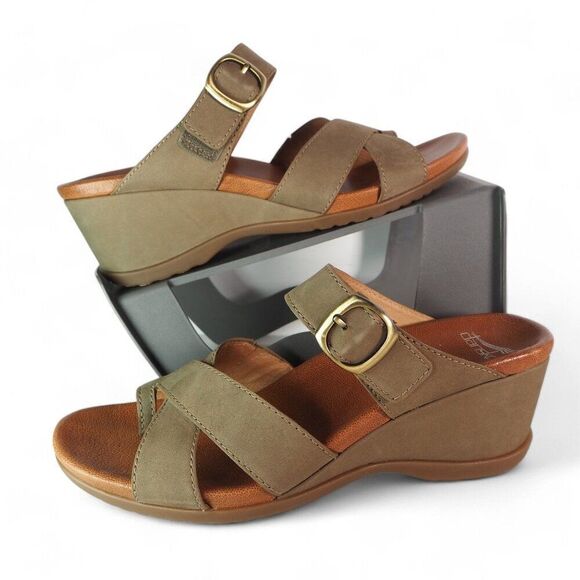 Dansko Aubree Wedge Strappy Sandals Taupe Nubuck Women's 8.5-9/39 - Picture 1 of 10